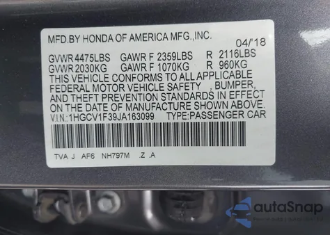 2018 Honda Accord Sport from USA, damaged, VIN 1HGCV1F39JA163099